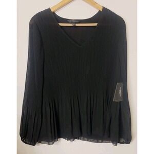 Liverpool Long Sleeve Pleated Blouse Sheer M Balloon Sleeve V Neck Black NWT$89‎